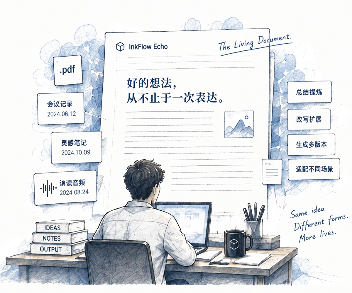 手绘创作者在书桌前，将笔记、录音和资料重构为新的内容